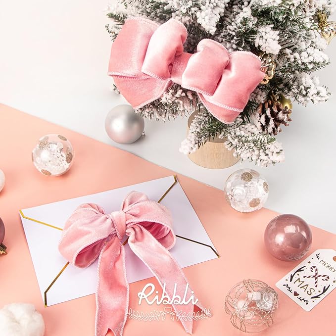 Ribbli Light Pink Velvet Wired Ribbon 2.5 Inch Velvet with Satin Christmas Ribbon for Gift Wrapping Christmas Tree Decoration Crafts Wreaths Supplies-Continuous 10 Yards