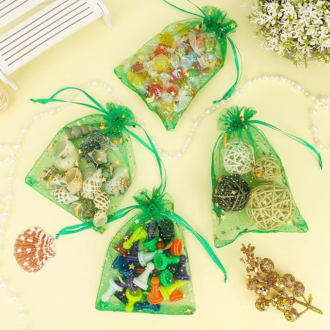 Moon Star Organza Bags 4x6 Small Mesh Bag Drawstring 50 Pcs Mesh Gift Bags Drawstring Pouch Wedding Favor Bags Jewelry Pouches Bulk Gift Pouch for Candy Soaps Birthday Festival Party Supplies, Green