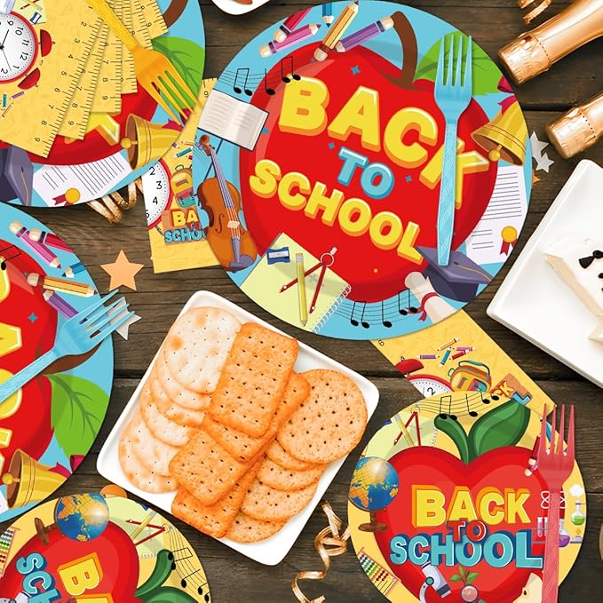 96 Pcs Back to School Decoration Disposable Tableware Set - Cartoon Back to School Apples Pencils Clock Paper Plates Napkins Forks First Day of School Theme Party Supplies Serve 24 Guests