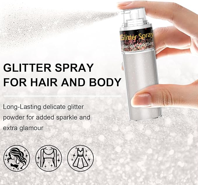 Pearl White Highlighter Glitter Spray 10g, ICY Shimmer Mist for Face, Hair Body, Loose Sparkle Powder for Winter Festival Makeup, Ballet, Cosplay, Prom, DIY Craft Nail Art