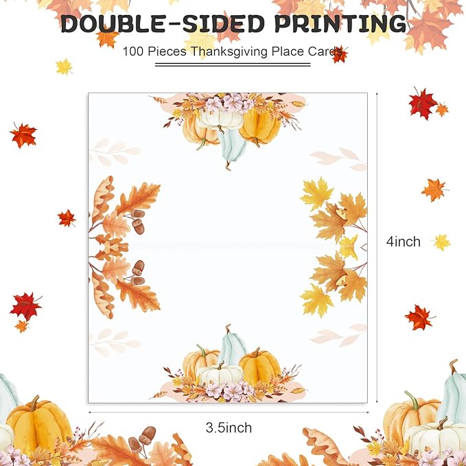 100 Pcs Thanksgiving Place Card Fall Table Place Card Pumpkin Place Card Guest Seating Tent Card Folded Name Card for Thanksgiving Bridal Shower Birthday Harvest Party Supplies, 3.5 x 3.9 Inch