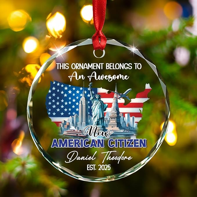 This Ornament Belongs to an Awesome New American Citizen Ornament, Personalized Citizenship Glass Christmas Ornaments Gifts for Family Friends, Custom Name USA American Citizen Xmas Decorations 2025