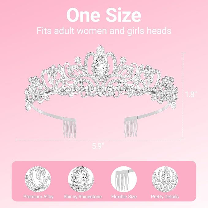 Tiara Crown for Women, Headband Hair Accessories for Birthday Wedding Party Costume Silver