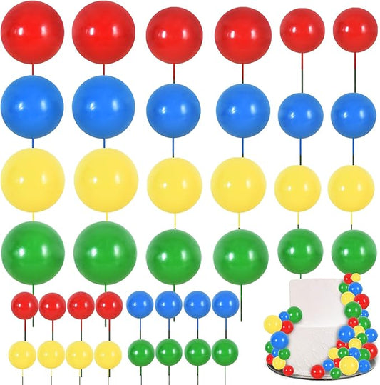 BEISHIDA 40 Pcs Mini Balls Cake Toppers - Foam Balls DIY Cake Topper Inserts for Birthday Wedding Baby Shower Anniversary Cake Decorations (Red Blue Yellow Green)