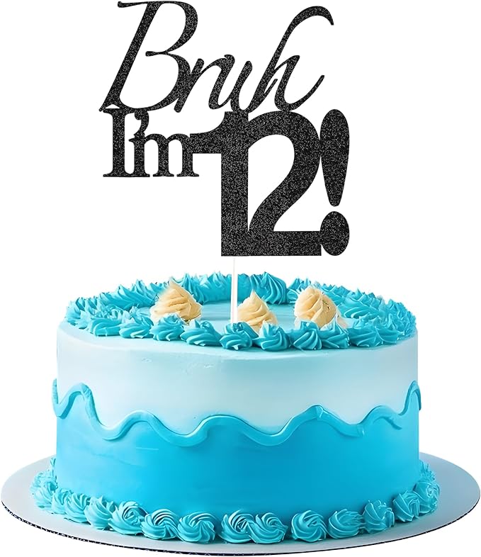 Bruh I'm 12 Cake Topper - Black Glitter Happy 12th Birthday Decorations for Boys Teens, Funny 12 Year Old Party Supplies, Bro I'm 12 Cake Decor (Bruh I'm 12！, 12th black)