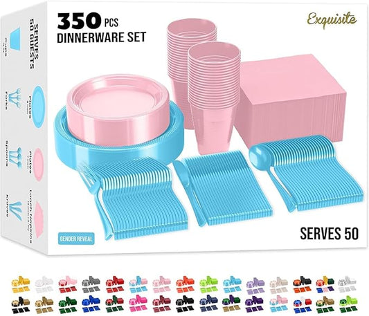 Party Solids 350 Pieces Gender Reveal Plastic Plates For Party, Gender Reveal Disposable Plates Set, 50 Of Each 9" Dinner Plate Set, 7" Dessert Plate, Cups, Napkins & Cutlery Plastic Dinnerware
