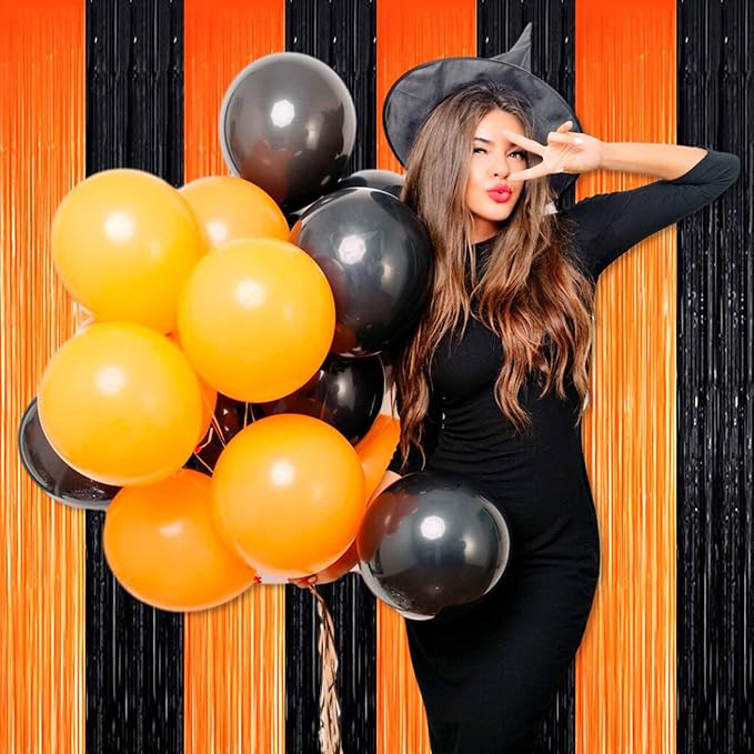 3 Pack Black Orange Foil Fringe Curtains Backdrop, 3.28 x 8.2 Ft Metallic Streamers Tinsel Curtains Background for Photo Booth, Birthday, Christmas, Halloween, New Year Party Decorations