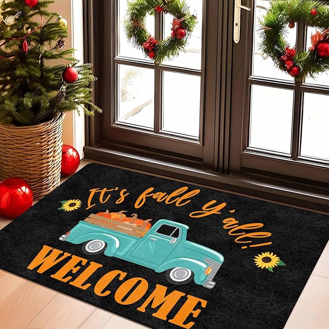 Fall Welcome Maple Leafs Decorative Door Mat, Autumn Thanksgiving Doormat for Indoor Outdoor Entrance Floor Mats,Fall Pumpkins Non Slip Harvest Vintage Decor Rubber Welcome Mats 30" x 18" Inch