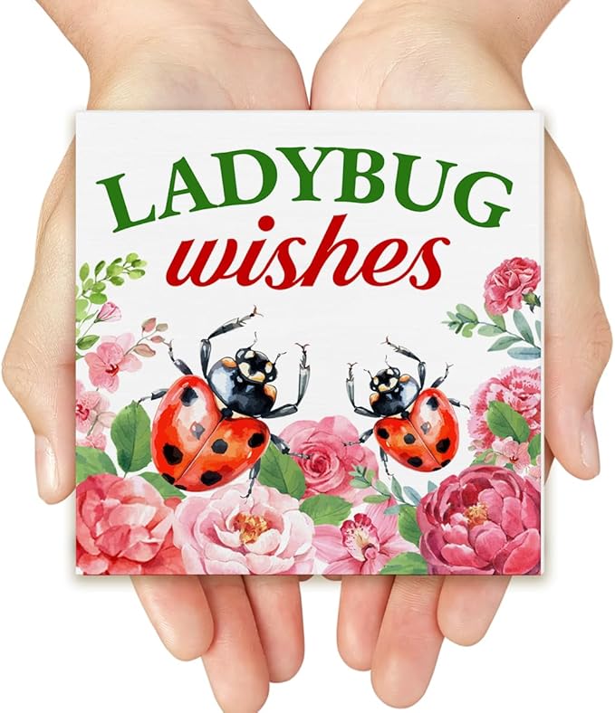 Dolimifa Summer Decorations Summer Floral Wood Block Sign Rustic Summer Decor for Home Desk Table Shelf 5 x 5 Inches, LADYBUG
