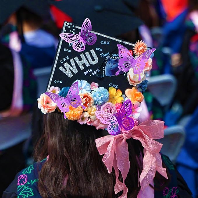 Purple Butterfly Decorations, 48Pcs 2 Styles 3 Sizes Butterflies for Grad Graduation Caps Cake Cupcake Toppers, 3D Paper Sticker for Bouquets Birthday Baby Shower Kids Girl Room Nursery Wall Decor