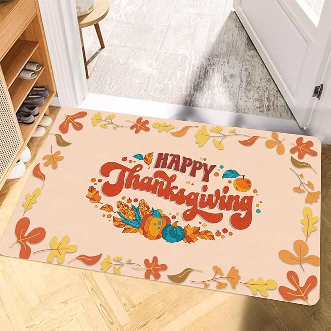 Fall Welcome Maple Leafs Decorative Door Mat, Autumn Thanksgiving Doormat for Indoor Outdoor Entrance Floor Mats,Fall Pumpkins Non Slip Harvest Vintage Decor Rubber Welcome Mats 16" x 24" Inch