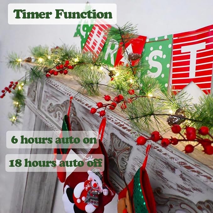 2Pack Christmas Garland with LED Fairy Lights 13FT Battery Operated Smokey Pine Garlands with 8 Flash Modes and Timer Red Berries Bells Pine Cones Green Garland Rustic Garlands for Xmas Holiday Home