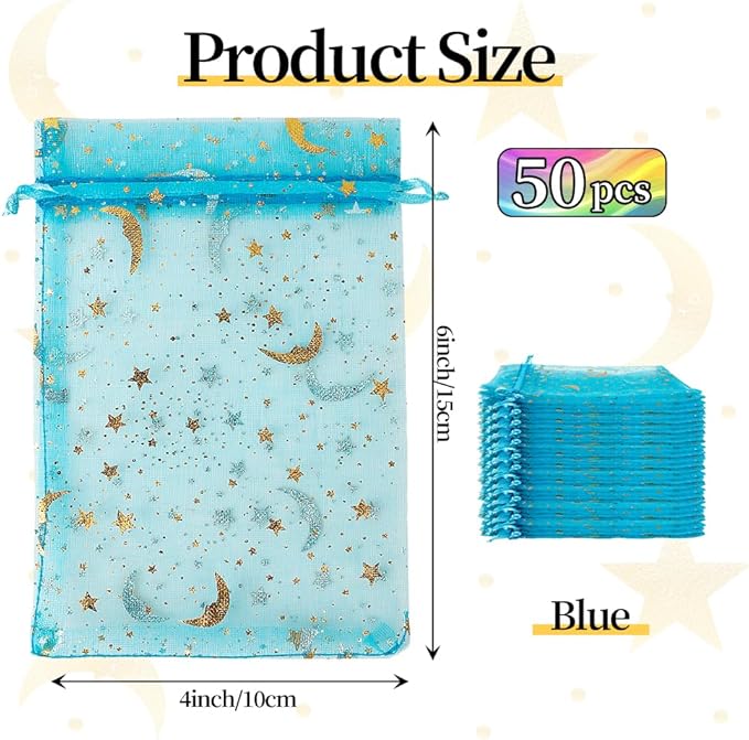 Moon Star Organza Bags 4x6 Small Mesh Bag Drawstring 50 Pcs Mesh Gift Bags Drawstring Pouch Wedding Favor Bags Jewelry Pouches Bulk Gift Pouch for Candy Soaps Birthday Festival Party Supplies, Blue