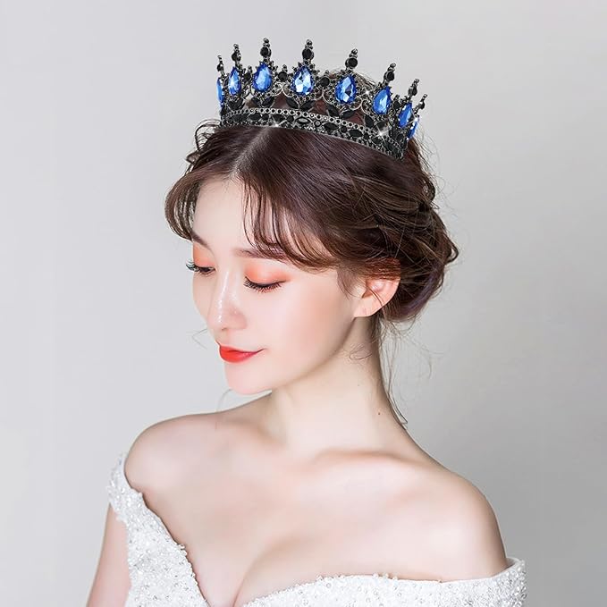 Queen Crown Rhinestone Wedding & Bridal Crowns for Women - Costume Party Hair Accessories - Princess & Birthday Tiaras in Crystal (Black & Blue)