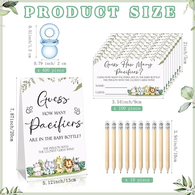 Roowest 512 Pcs Baby Shower Games Guess How Many Pacifiers Sign 100 Small Guessing Games 10 HB Pencils 750ml Milk Bottle 400 Acrylic Pacifiers Decoration for Guest Gender Reveal(Blue,Animal)