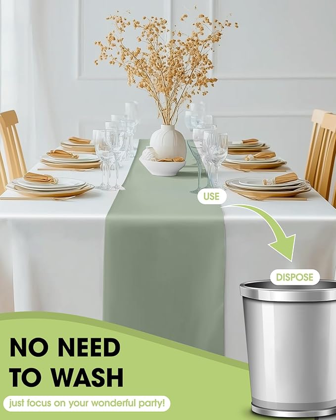 Pureegg Sage Green Plastic Table Runners - 30 Pack, 14'' x 108'', Water Resistant & Disposable Centerpiece Decorations for Table Cloth, Wedding, Birthday, Holiday, Baby Shower, Party, Home Decor