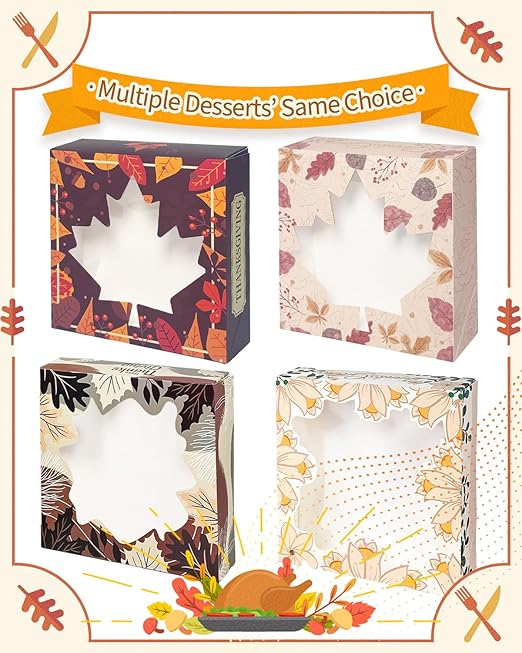 qiqee Thanksgiving Cookie Boxes with Window Fall Maple Leaf Bakery Treat Box for Fall Harvest Wedding Thanksgiving Party Supplies (30packs 8x8x2.5)