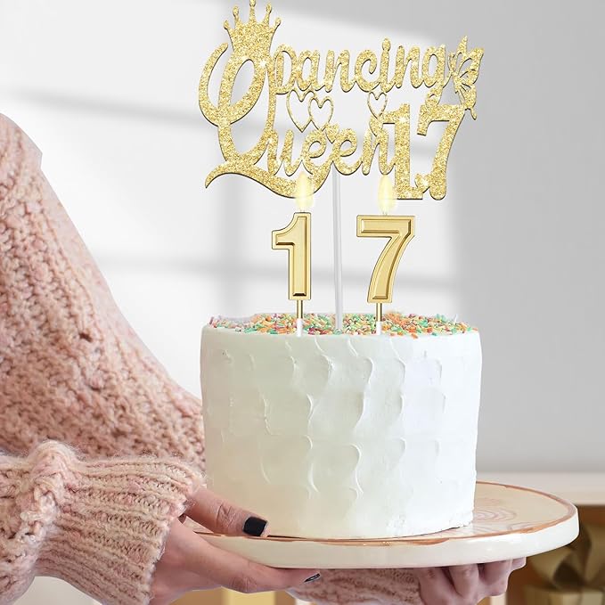 Dancing Queen Party Decorations 17 with Gold Dancing Queen Sash and Tiara, Cake Topper and Candles, Number Balloons Gold for 17th Birthday Decorations for Girls