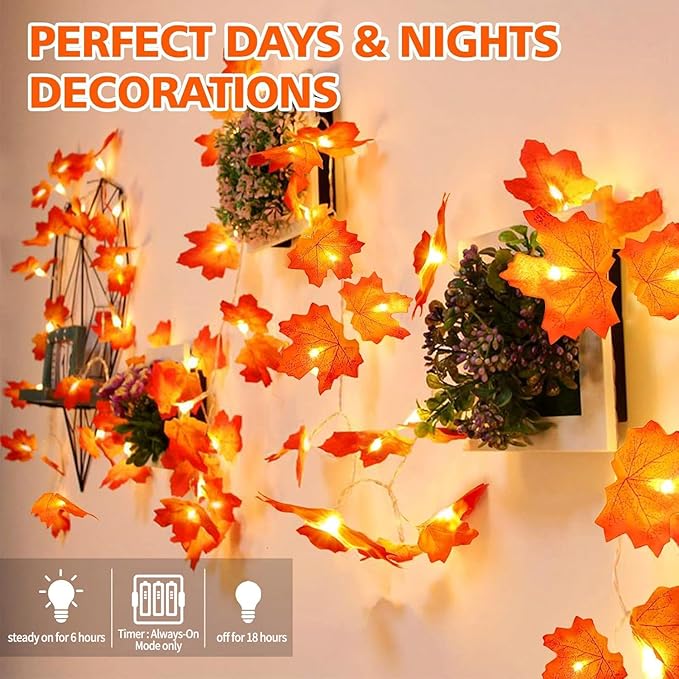 Fall Decorations Leaves Garland with Lights,Home Maple Leaf String Lights Orange-red 2 Pack 40FT 80LED Battery Operated with Timer,for Autumn Harvest Table Fireplace Porch Thanksgiving Indoor Decor