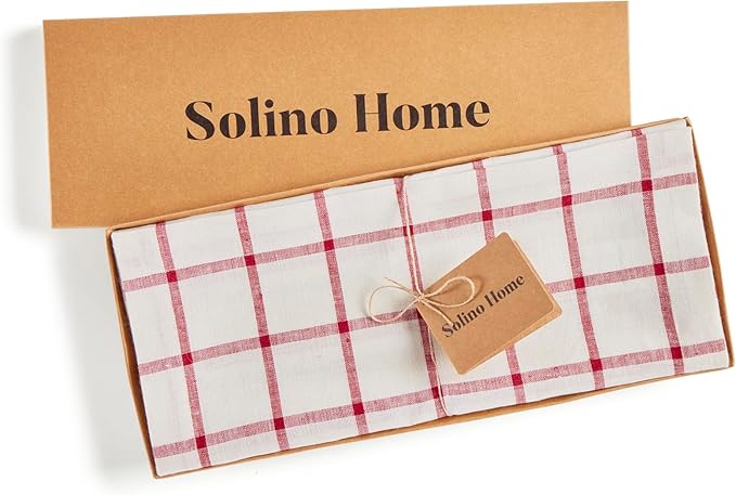 Solino Home Linen Plaid Table Runner 120 Inches Long - 100% Pure Linen Windowpane Tofu/Red Table Runner 14 x 120 Inch for Dining, Fall, Autumn, Christmas, Xmas