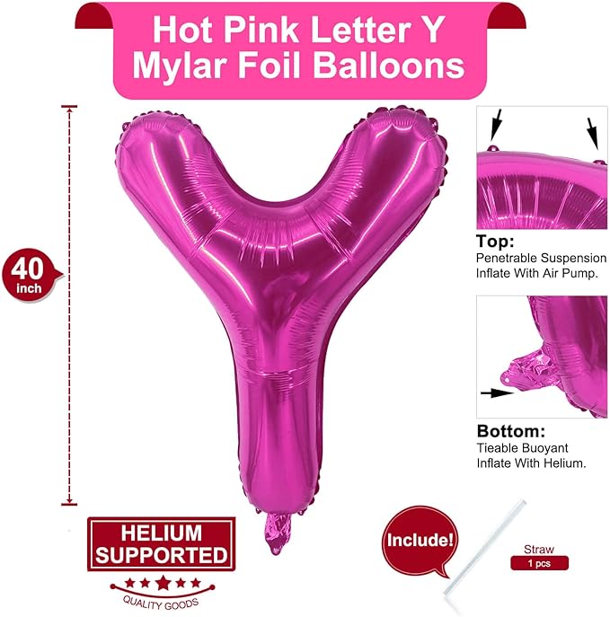 Lovoir 40 Inch Large Hot Pink Letter Y Balloons Big Size Jumbo Mylar Foil Helium Balloon for Birthday Party Celebration Decorations Alphabet Hot Pink Y
