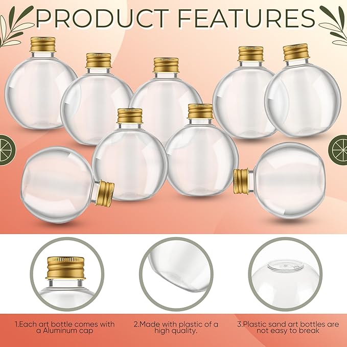 Jinei 30 Pcs 6 oz Ball Shape Plastic Sand Art Bottles Spherical Clear Plastic Potion Bottles Christmas Cocktail Ornament Balls for DIY Wedding Party Gift Crafts Decoration (Gold,Aluminum Cap)