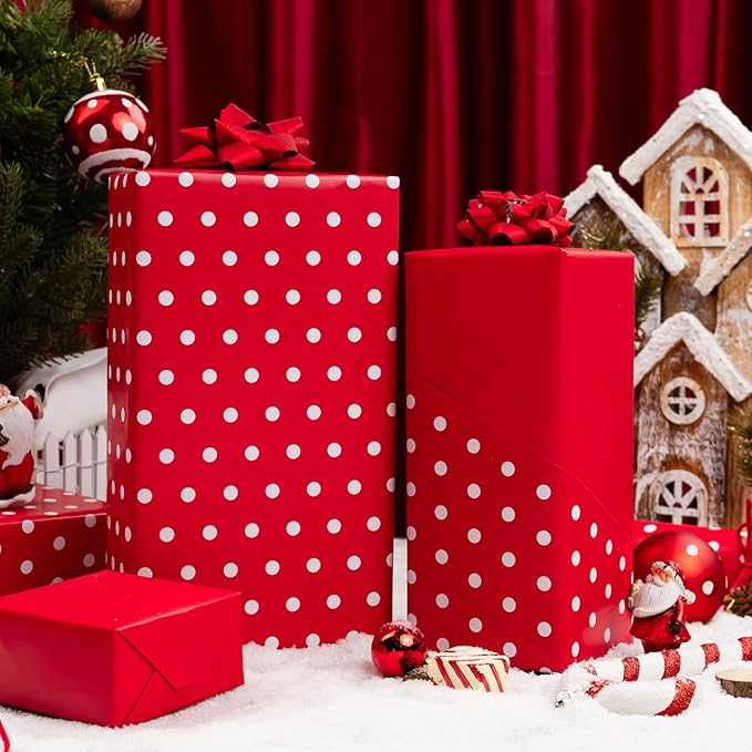 Yarcony Polka Dots Reversible Wrapping Paper Roll - 17 Inch x 33 Feet - Classic Red and White Christmas Polka Dot Holiday Winter Themed Wrapping Paper for Holidays, Birthday, Party, New Year, Wedding