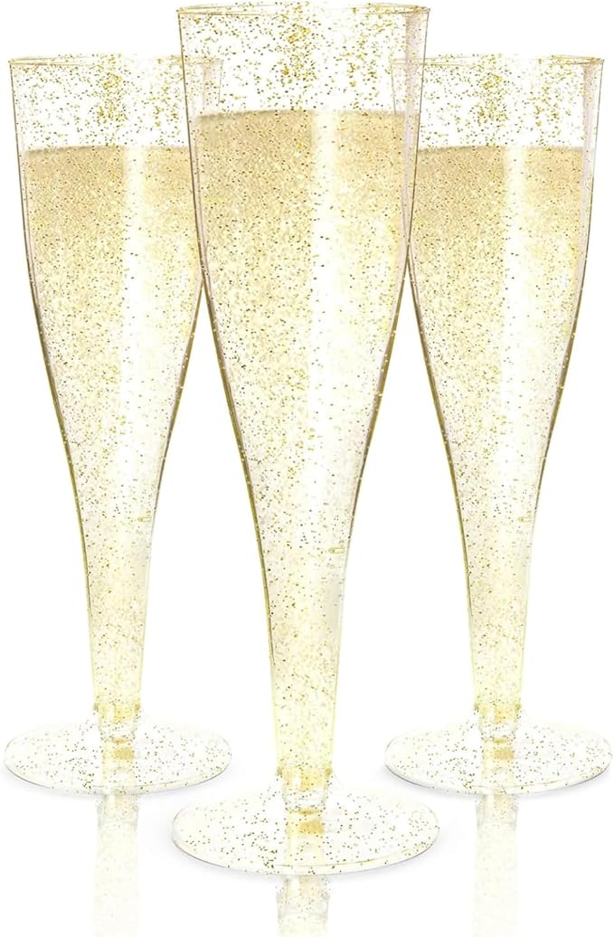 Prestee 200 Disposable Champagne Flutes Gold Glitter Glasses - 4.5 Oz Plastic Champagne Cups for Parties, Wedding Toasts, Mimosa Bar, and New Year’s Eve - Elegant Bulk Gold Plastic Wine Flutes