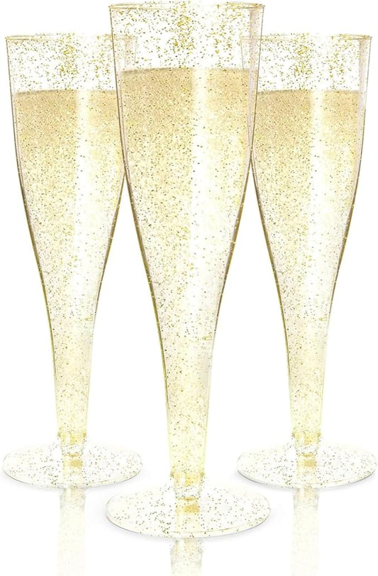 Prestee 200 Disposable Champagne Flutes Gold Glitter Glasses - 4.5 Oz Plastic Champagne Cups for Parties, Wedding Toasts, Mimosa Bar, and New Year’s Eve - Elegant Bulk Gold Plastic Wine Flutes