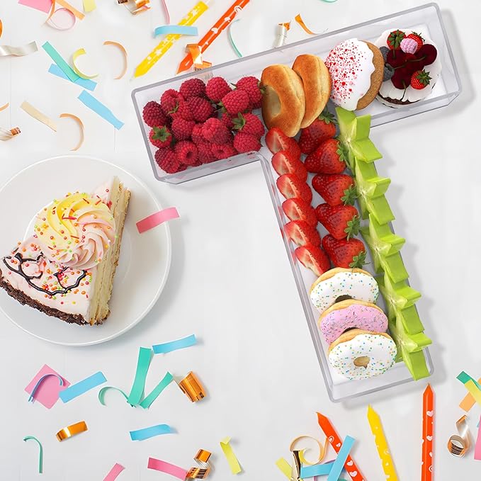 13.8" Extra Large Acrylic Letter Charcuterie Board Box, Reusable Fillable Letter Cake Candy Dish Display Serving Tray for Birthday Anniversary Party Decoration (T)