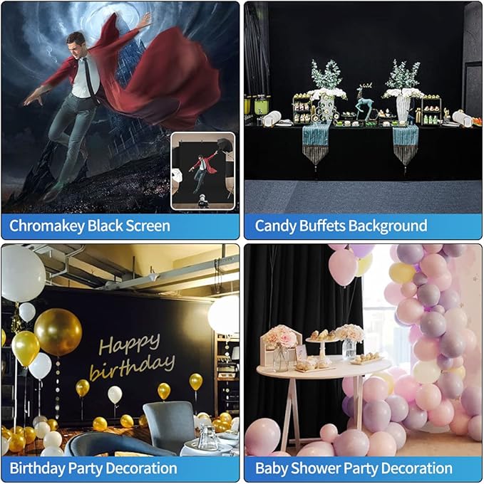 HEMMOTOP Black Photo Backdrop 10x12ft, Large Photography backdrops for Photoshoot, Black Background Screen Fabric for Birthday Parties, Video Recording, Weddings (Only Backdrop Without Stand)