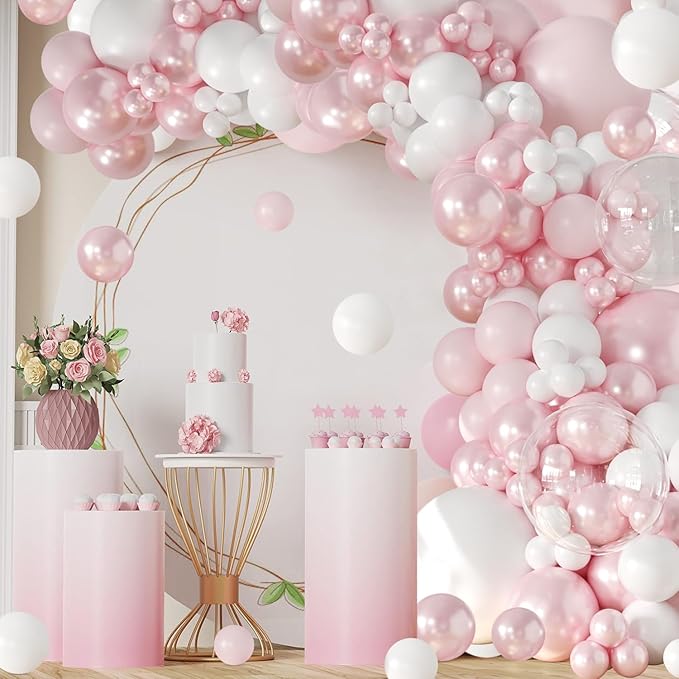 Pink Balloon Arch Kit 108Pcs Double Stuffed Balloons Garland Including Pink Pearl White Macaron Pink Balloons Different Size for Wedding Birthday Baby Shower Bachelorette Party Decorations