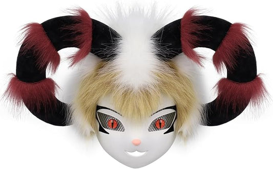 Faux Fur Animal Fox Cow Horn Face Mask for Masquerade Halloween Party Cosplay Costume Accessory