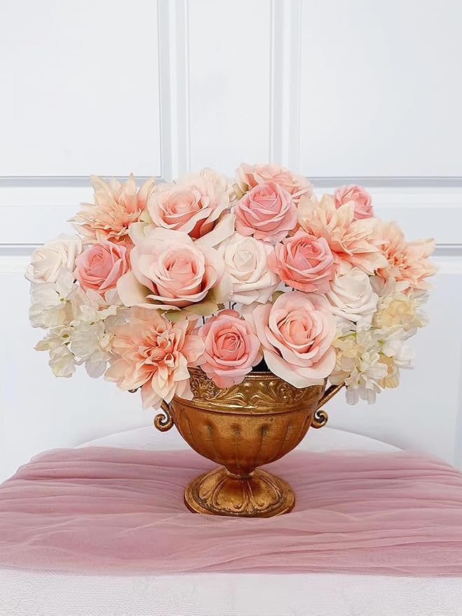 Roses Artificial Flowers Peach Bouquet Box Set Fake Flower for DIY Bridal Wedding Shower Decorations Table Centerpieces Faux Silk Floral Arrangement for Party Home Decor Indoor Pink
