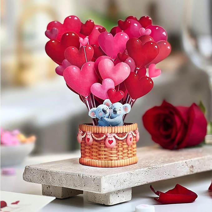 Freshcut Paper Pop Up Cards, Mini Heart Balloons, 6 Inch Mini Sized 3D Popup Greeting Cards, Valentine's Day, Anniversary Card, Blank Notecard & Envelope
