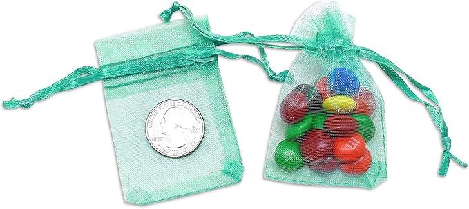 TheDisplayGuys 100-Pack XS XS 2x2 3/4" Teal Sheer Organza Gift Bags with Drawstring, Jewelry Candy Treat Wedding Party Favors Mesh Pouch