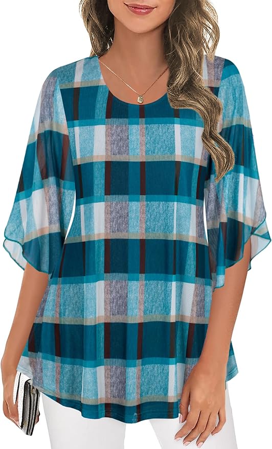 Ninedaily Women's Tops 3/4 Sleeve Blouses Dressy Casual Double Layers Mesh Tunic Shirts