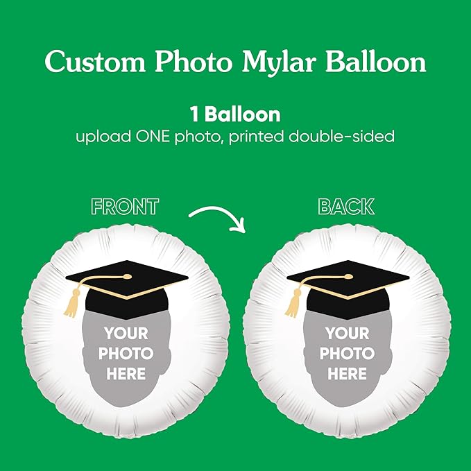 Big Dot of Happiness Personalized Grad Cap Fun Face Photo Balloon, Elementary High School College Custom Graduation Party Decorations, Double-Sided Round Circle Mylar, 1 Piece