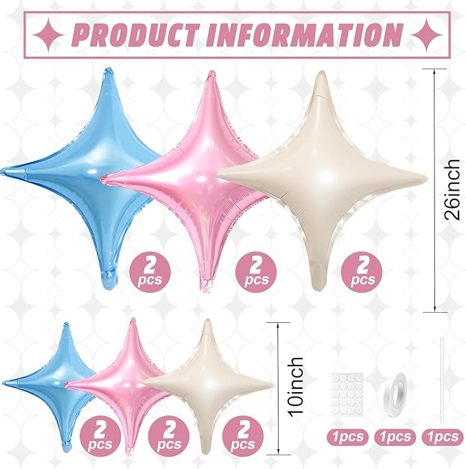 Pink Blue White Star Balloons,12Pcs Four Angle Star Foil Balloons,26Inch and 10Inch Pink Blue Cream White Quadrangle Helium Balloon for Birthday Baby Shower Gender Reveal Party Decorations