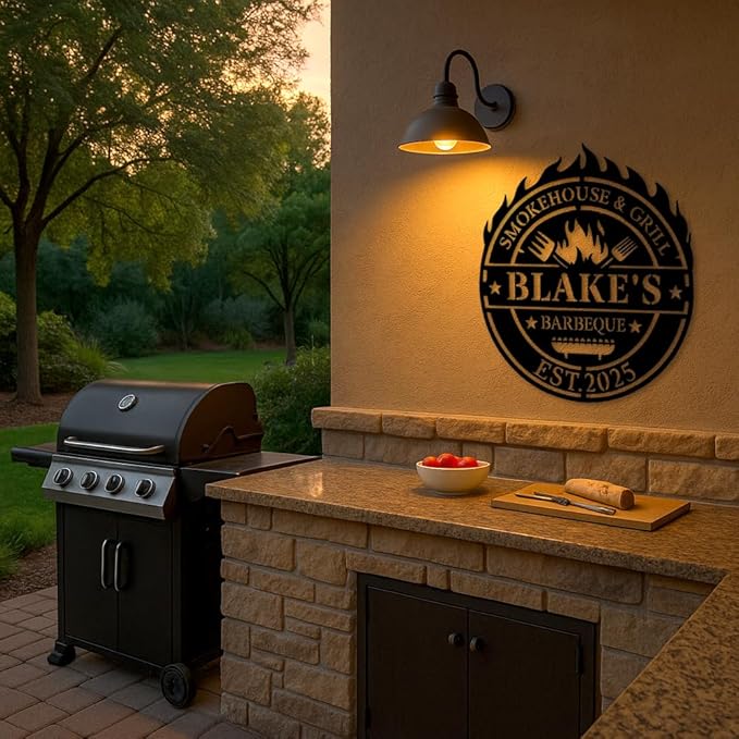 Custom BBQ Metal Sign, Personalized Smokehouse and Grill Barbeque Plaque with Fire and Utensils Design, Outdoor Patio Yard Wall Decor for Barbecue Lovers, Rustic BBQ Gift for Birthday Christmas
