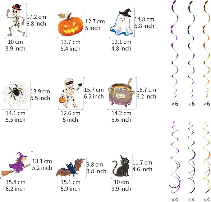 Halloween Hanging Party Decorations, 48 Pcs,Ceiling Decor Indoor Swirl Witches Cauldron Ghost Pumpkin Skull Cat Witch Party Supplies Sign,Black Purple Orange