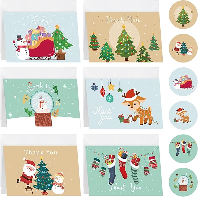 24Set Christmas Thank You Card with Envelopes and Stickers Xmas Greeting Cards Gift Box Santa Christmas Tree Thank You Christmas Cards with Envelope Holiday Thank You Card for Xmas Holiday (Snowman)