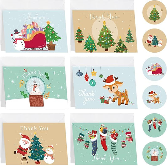 24Set Christmas Thank You Card with Envelopes and Stickers Xmas Greeting Cards Gift Box Santa Christmas Tree Thank You Christmas Cards with Envelope Holiday Thank You Card for Xmas Holiday (Snowman)