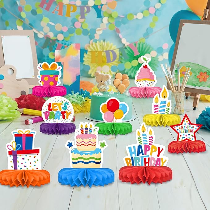 Happy Birthday Decorations Set - Colorful Themed Honeycomb Centerpiece, Table Decoration for Kids' Birthday Party Supplies