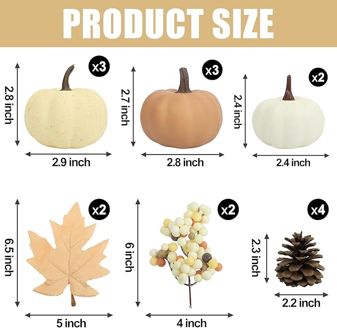 Artgar Foam Pumpkin Decor - 16 PCS Artificial Pumpkin Set - Fall Decor with Mini Pumpkins, Pinecones Maple Leaves Berries for Halloween Thanksgiving Fall Decor, DIY Crafts Tabletop Tray Decorations