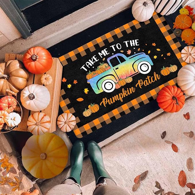 Fall Welcome Maple Leafs Decorative Door Mat, Autumn Thanksgiving Doormat for Indoor Outdoor Entrance Floor Mats,Fall Pumpkins Non Slip Harvest Vintage Decor Rubber Welcome Mats 30" x 18" Inch