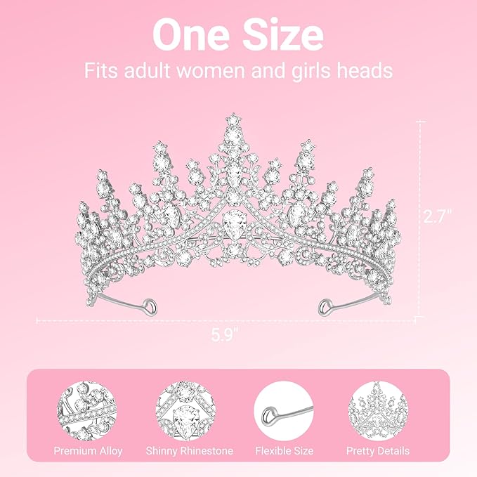 Tiara Crown for Women, Headband Hair Accessories for Birthday Wedding Party Costume (Silver)