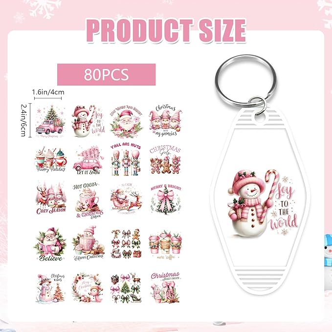 Christmas UV DTF Stickers - 80 Sheets Pink Watercolor Christmas UVDTF Decals for Motel Keychain, Xmas Bow Gnome Santa Snowman Rub on Transfer Stickers DIY Hotel Keychain Blank Crafts