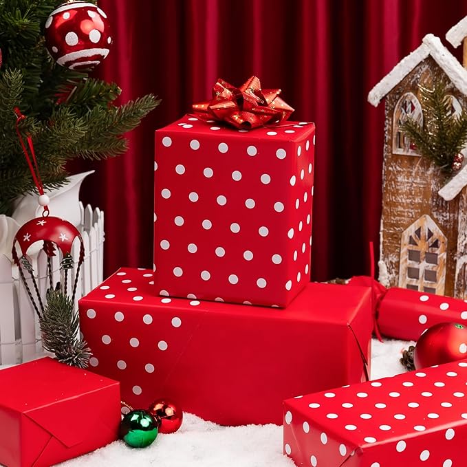 Yarcony Polka Dots Reversible Wrapping Paper Roll - 17 Inch x 33 Feet - Classic Red and White Christmas Polka Dot Holiday Winter Themed Wrapping Paper for Holidays, Birthday, Party, New Year, Wedding