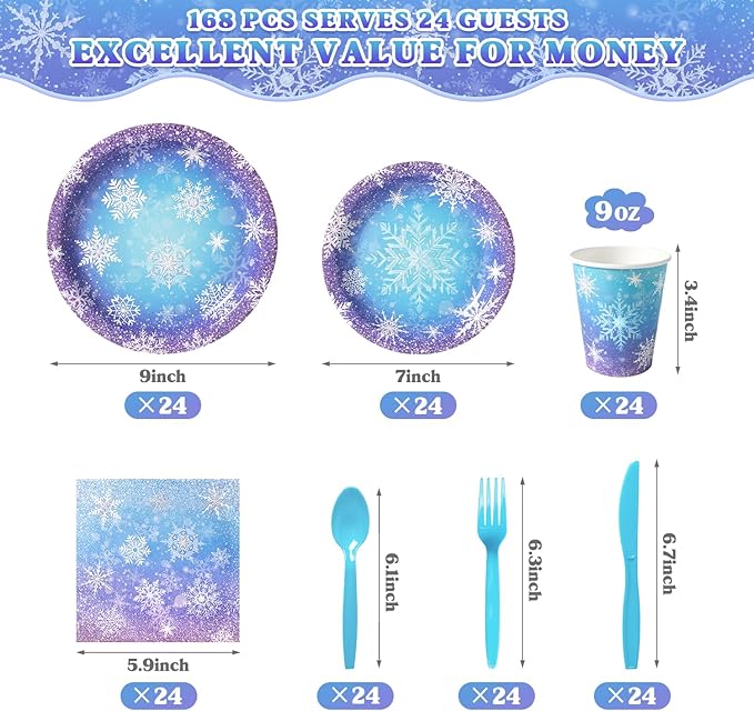 Frozen Birthday Party Decorations - Serve 24, Snowflake Party Supplies, Winter Wonderland Disposable Tableware Include Plates, Napkins, Cups, Forks, Knives, Spoons for Christmas